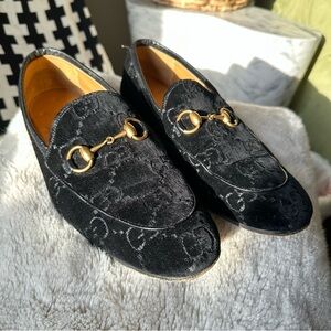Gucci Velvet Embossed Jordaan Loafers with Gold Horsebits